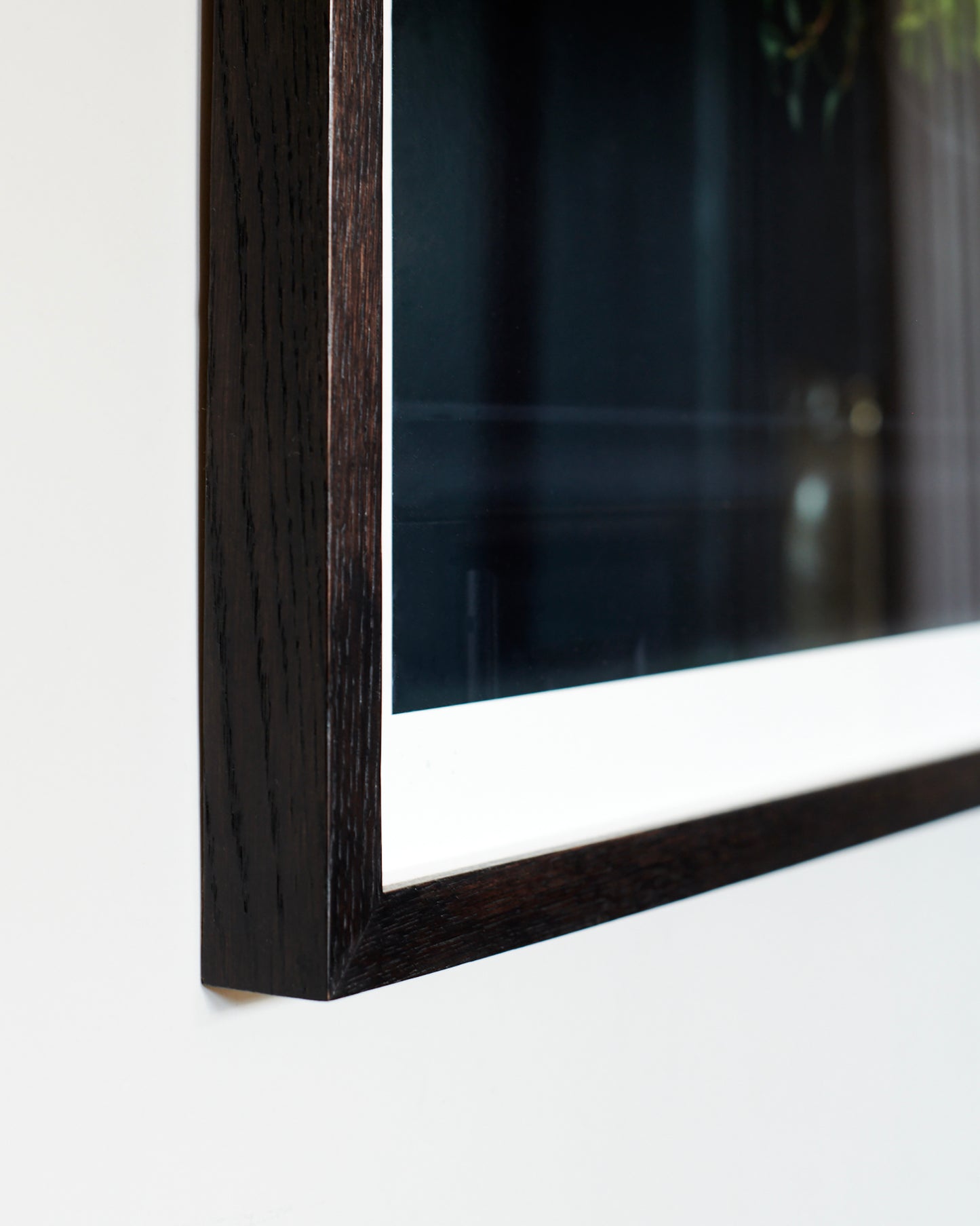 Corner detail of Bespoke Gallery Quality Black Wood Box Spacer Frame With Anti-Reflect ArtGlass.