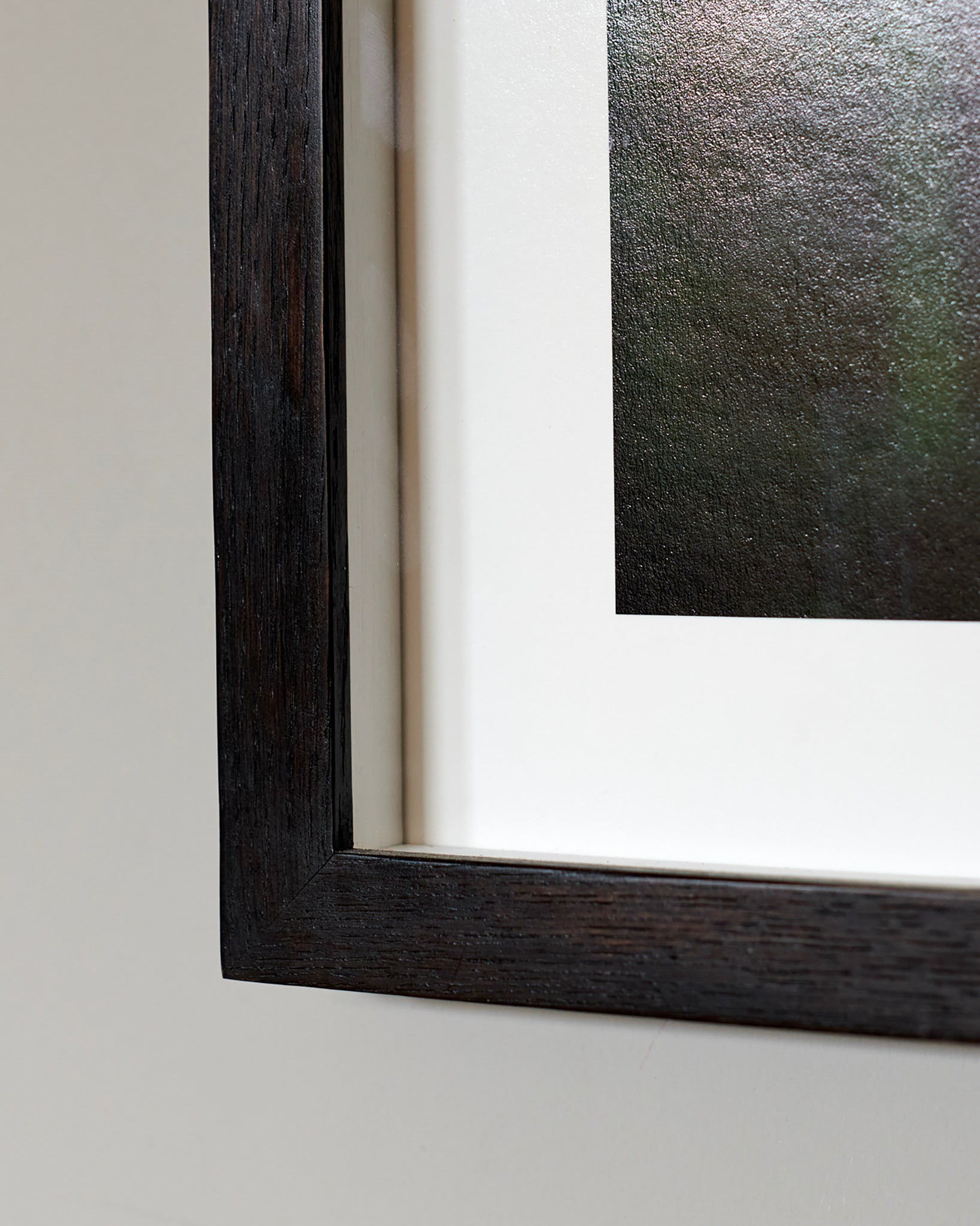 Corner detail of Bespoke Gallery Quality Black Wood Box Spacer Frame With Anti-Reflect ArtGlass.