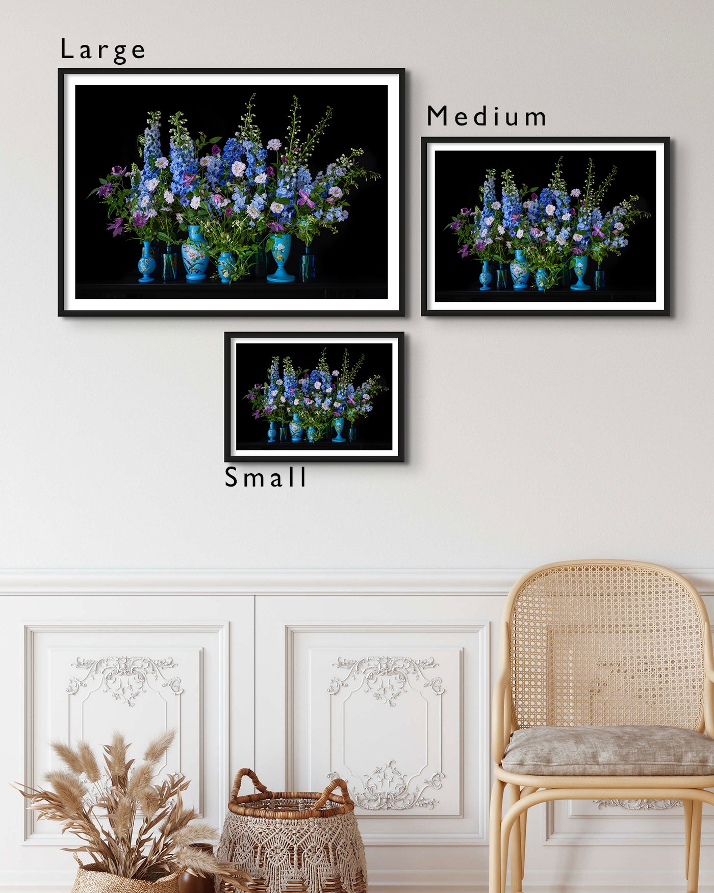 Print Size Guide - Interior picture of Small/Medium/Large 'Delphine' Limited Edition Fine Art Photographic Print Framed. Displayed on a white wall above a table in a Living Room.