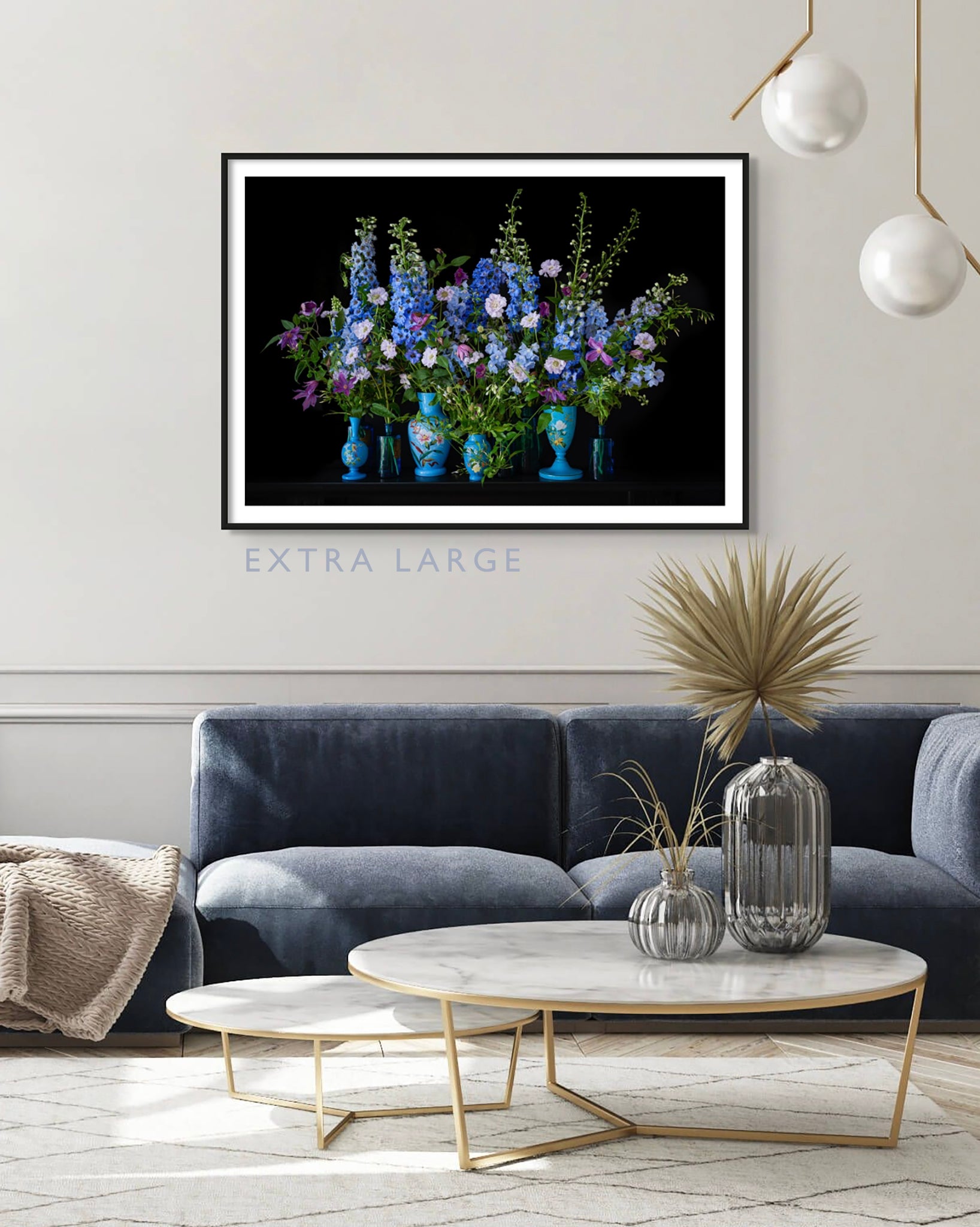 Size guide - Interior picture of Extra Large 'DELPHINE' Limited Edition Fine Art Photographic Print Framed displayed on white wall above a blue velvet sofa in a sophisticated sitting room.