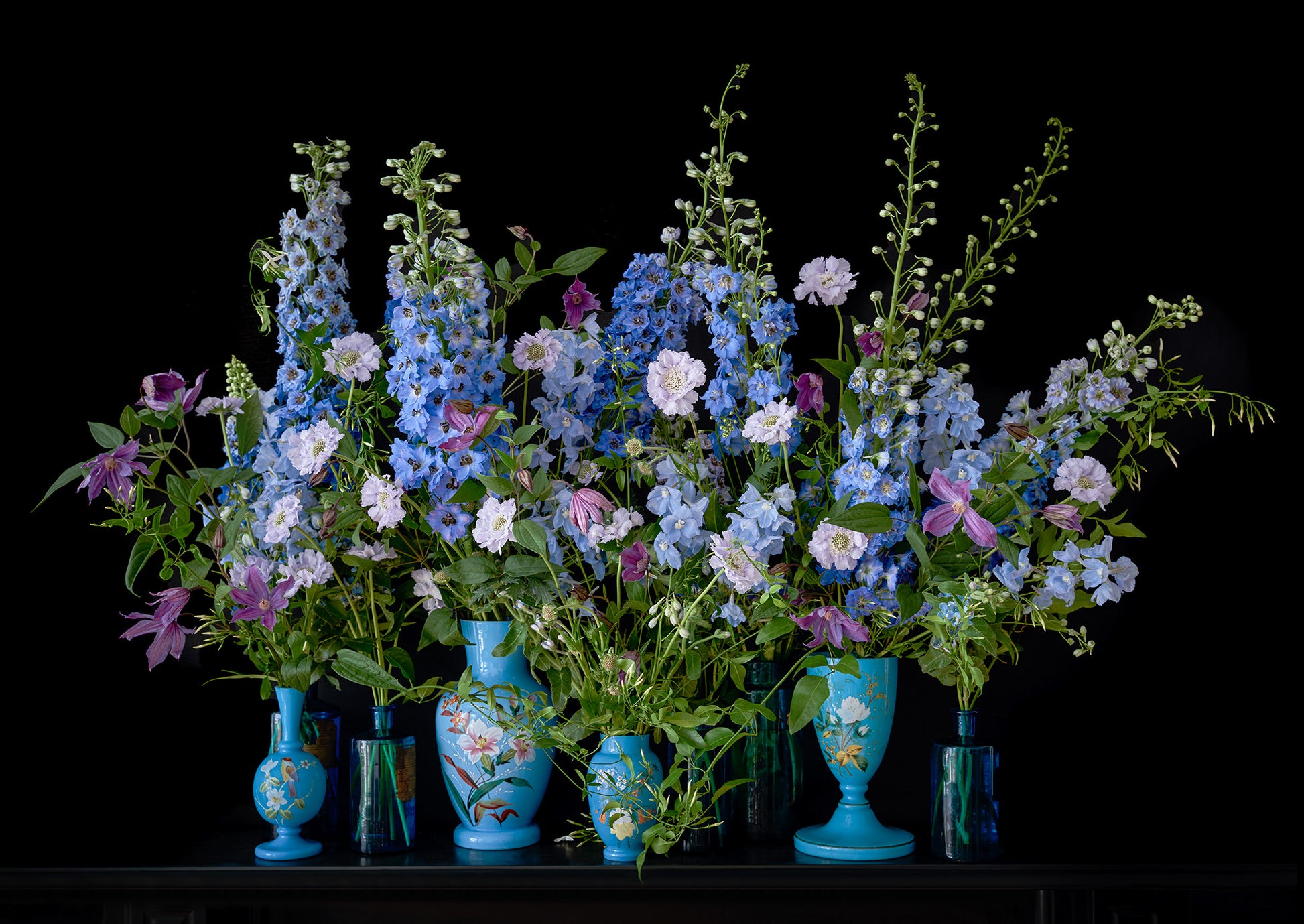 Limited Edition "Delphine" Fine Art Photographic Print, Purple & Blue Flower Arrangement in Hand Painted Vases on s Black Background