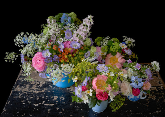 Limited Edition "Dolly" Fine Art Photographic Print, Colourful Bunches of Flowers Arranged in Jugs on a Vintage Table Against a Black Background