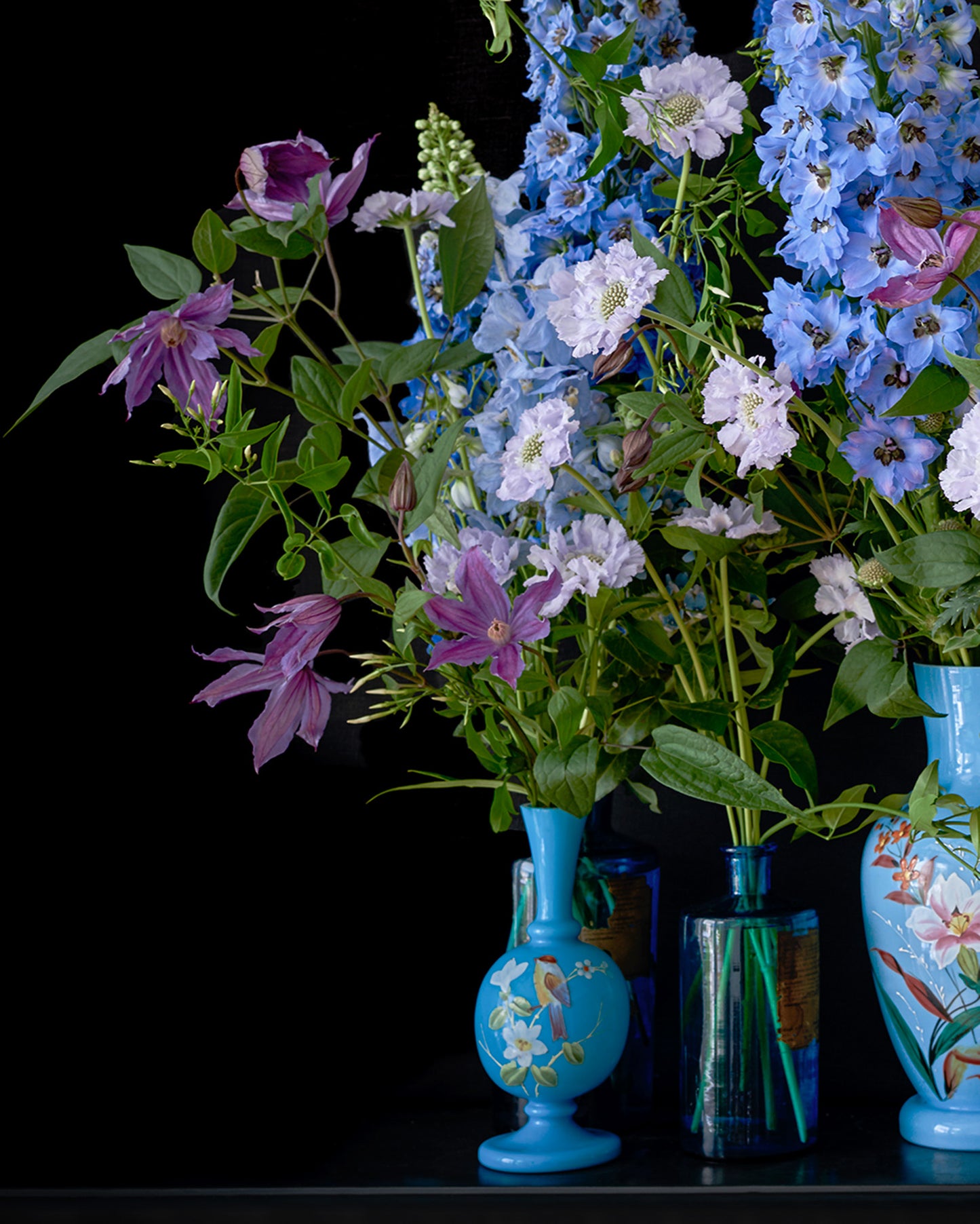 Detail of Limited Edition "Delphine" Fine Art Photographic Print, Purple & Blue Flower Arrangement in Hand Painted Vases on Black Background