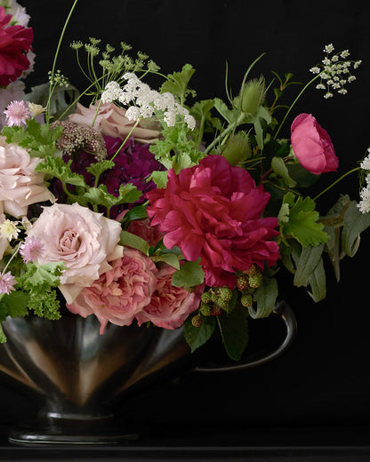 Detail of Limited Edition "Rose" Fine Art Photographic Print. Elegant Arrangement of Roses and Peonies in a Antique Black Gertrude Jekyll Mantle Vase on a Black Background.