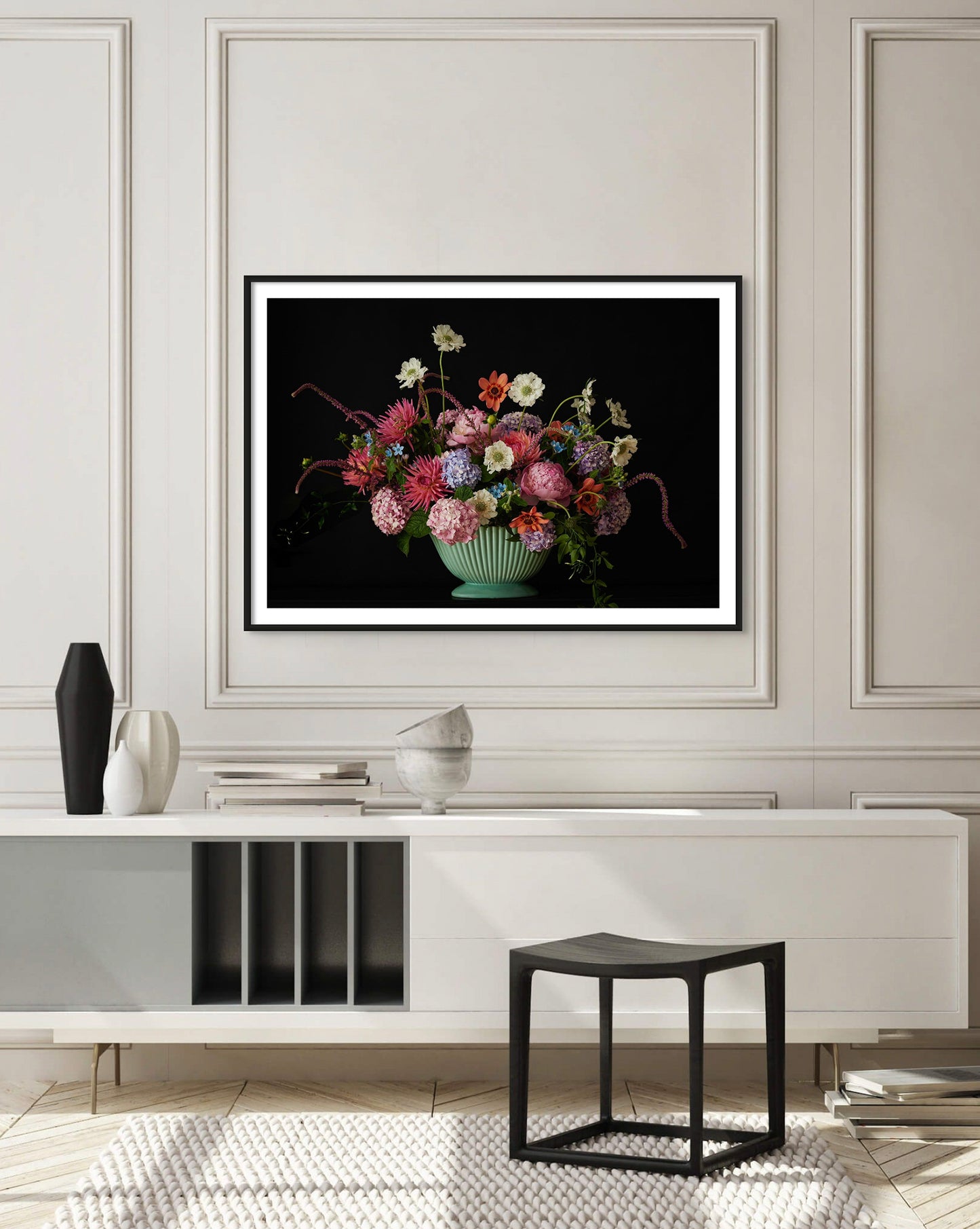'BETSY' Extra Large Framed Photographic Flower Print Displayed in Neutral Pannelled Living Room