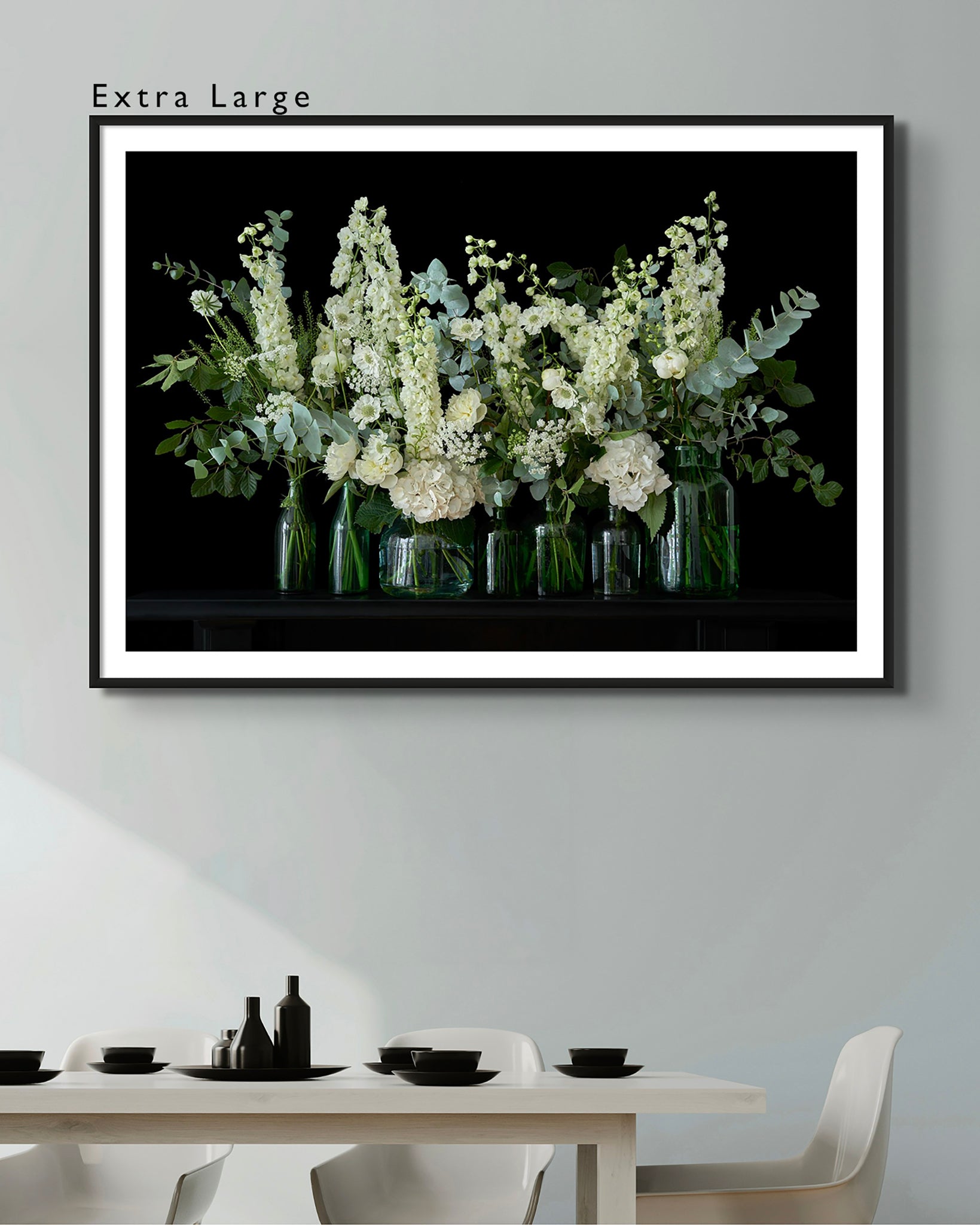 Size guide - Interior picture of Extra Large 'CECILY' Limited Edition Fine Art Photographic Print Framed displayed on white wall above a dining table.