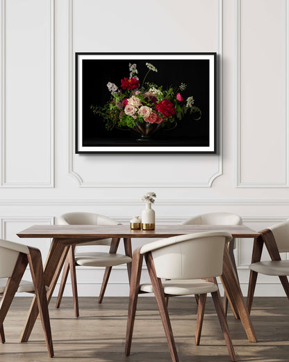 'ROSE' Extra Large Framed Photographic Flower Print Displayed in Neutral Pannelled Dining Room.