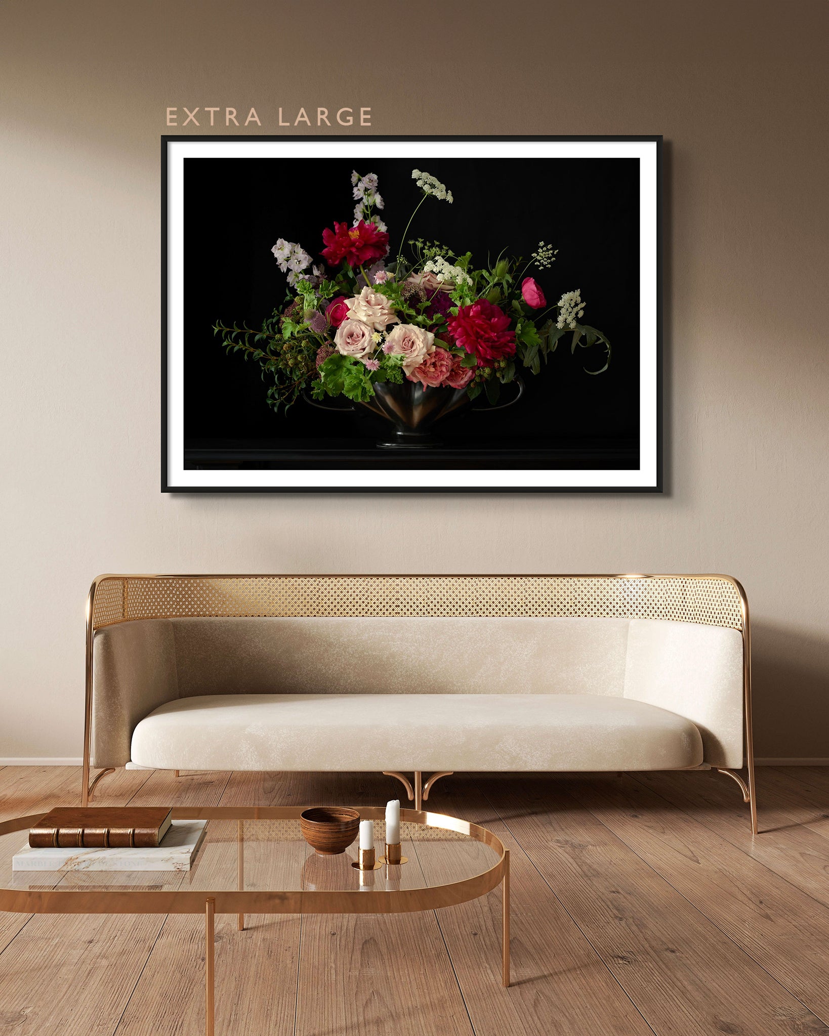 Limited Edition 'BETSY' Framed Photographic Print Shown in Extra Large Size, Displayed In A Warm Muted Sitting Room Hung Above a Sophisticated Velvet Sofa.