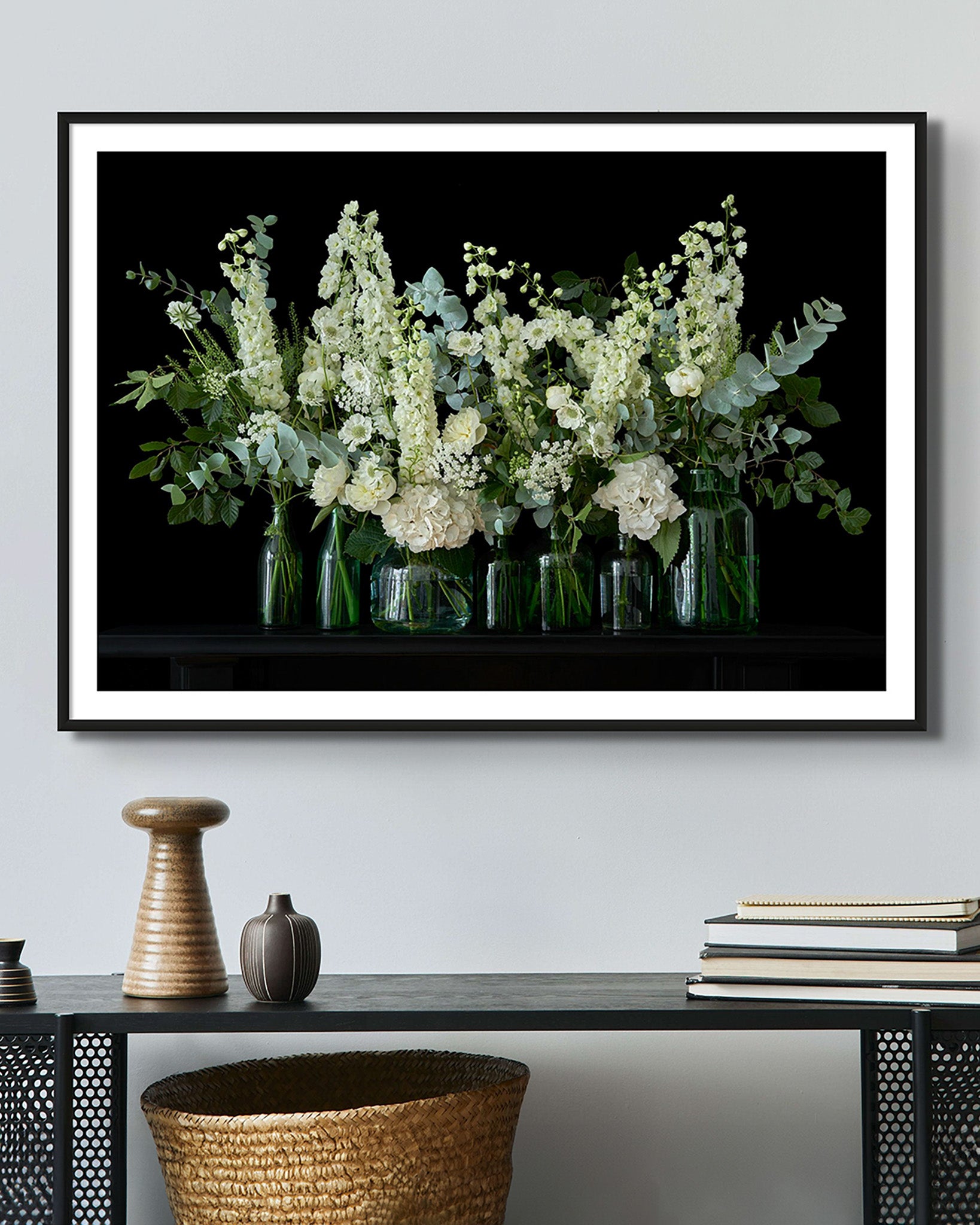 Interior picture of 'Cecily' Limited Edition Fine Art Photographic Print Framed displayed above a desk on a pale grey wall.