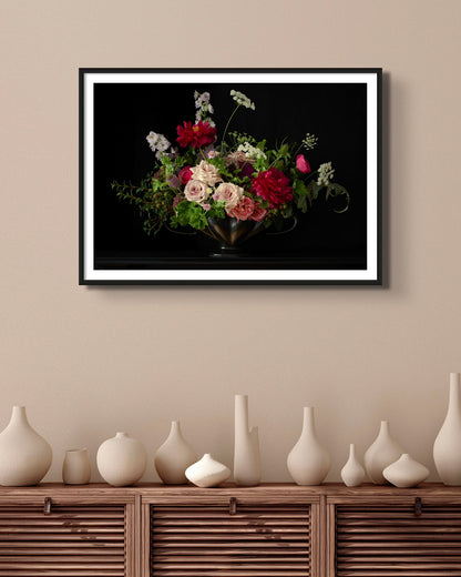 'BETSY' Extra Large Framed Photographic Flower Print Displayed Above A Slatted Rustic Wood Sideboard Displaying Vases.