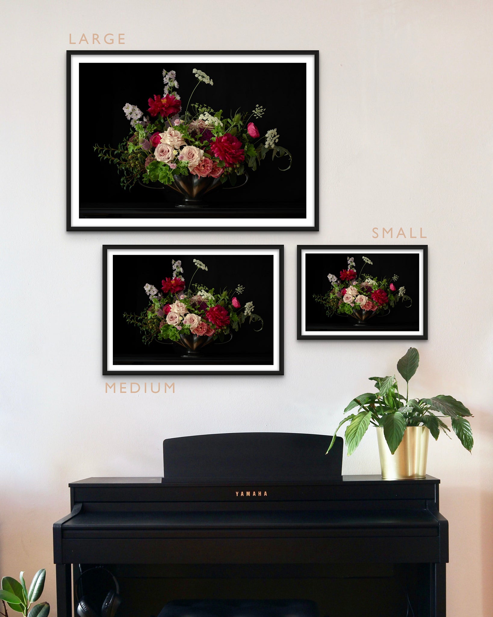 Print Size Guide - Interior picture of Small/Medium/Large 'ROSE' Limited Edition Fine Art Photographic Print Framed. Displayed on a white wall above Black Piano.
